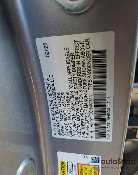 2022 Honda Accord Sport из США, поврежденный, VIN 1HGCV1F30NA079226